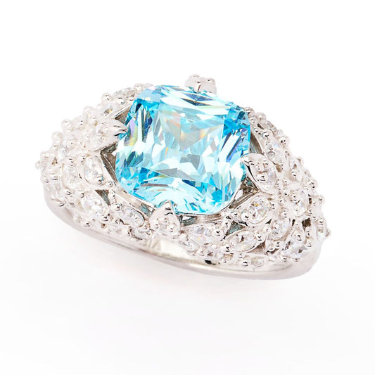 Brilliante Platinum Plated 4.32 DEW Simulated Aquamarine & Diamond Ring