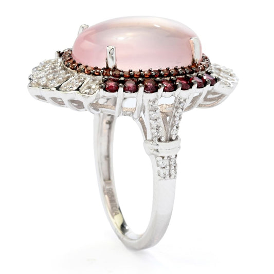 Gem Treasures 16x12mm Rose Quartz, Rhodolite Garnet & Zircon Ring