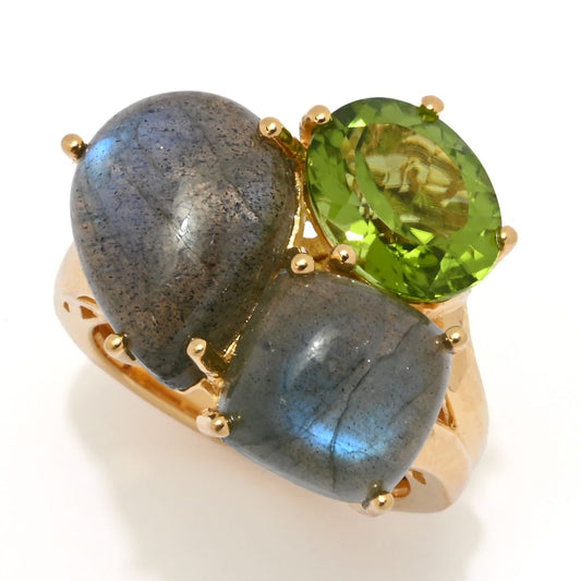 18K Vermeil Labradorite & Peridot Multi Shape 3-Stone Cluster Ring