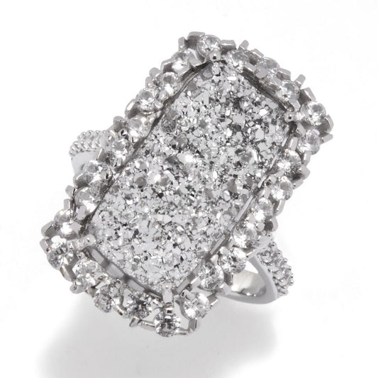 Sterling Silver 18x9mm Drusy & White Zircon Elongated Ring