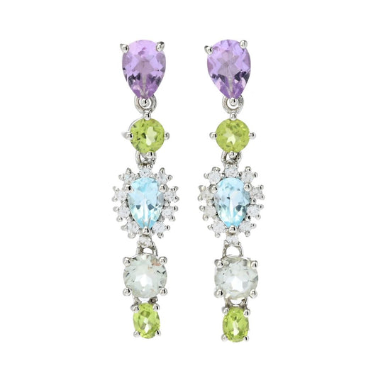 Platinum Plated 4.51ctw Multi Gemstone Floral Inspired Drop Earrings