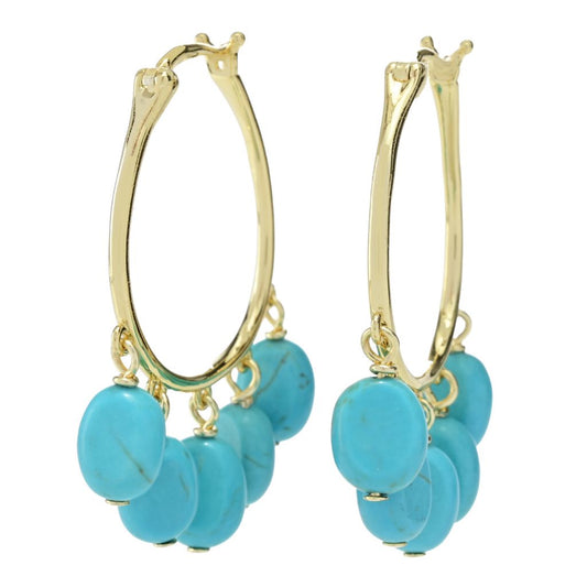 18K Gold Plated 8x6mm Turquoise Bead Fringe Hoop Earrings
