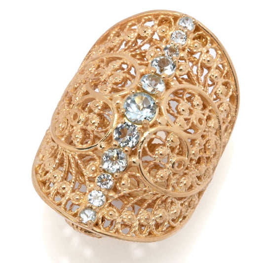 Passport to Turkey Gold Plated Blue Topaz Filigree Elongated Ring