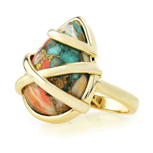 18K Gold Plated 20x15mm Pear Shape Spiny Oyster Turquoise Ring