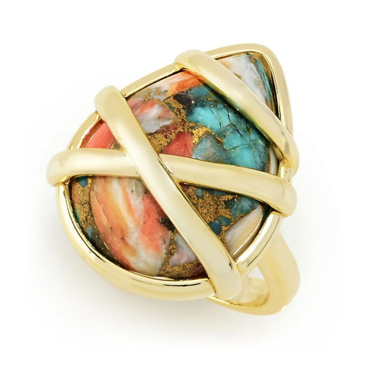 18K Gold Plated 20x15mm Pear Shape Spiny Oyster Turquoise Ring