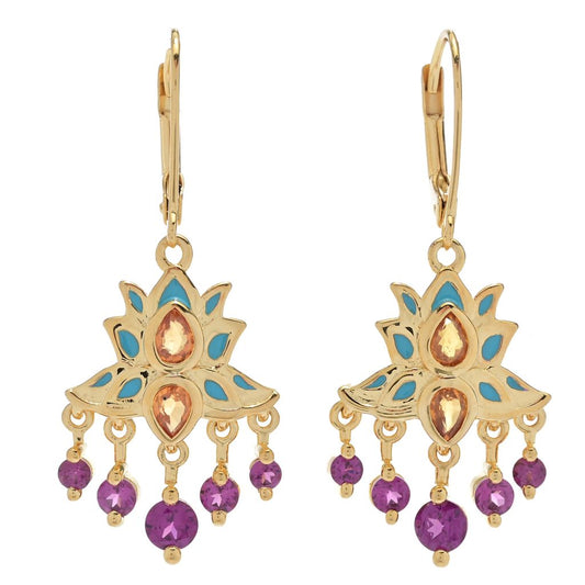 Passport to India 2.61ctw Orange Sapphire & Rhodolite Lotus Gate Earrings