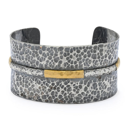 Sterling Silver 24K Gold Accented Hammered 0.21ctw Diamond Wide Cuff Bracelet
