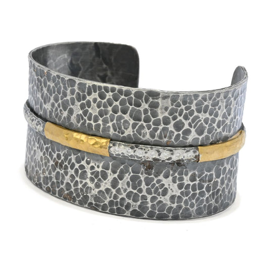 Sterling Silver 24K Gold Accented Hammered 0.21ctw Diamond Wide Cuff Bracelet