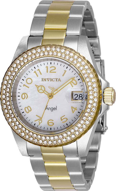 Invicta Women's 40mm Angel Quartz Crystal Bezel MOP Two-Tone Bracelet Watch