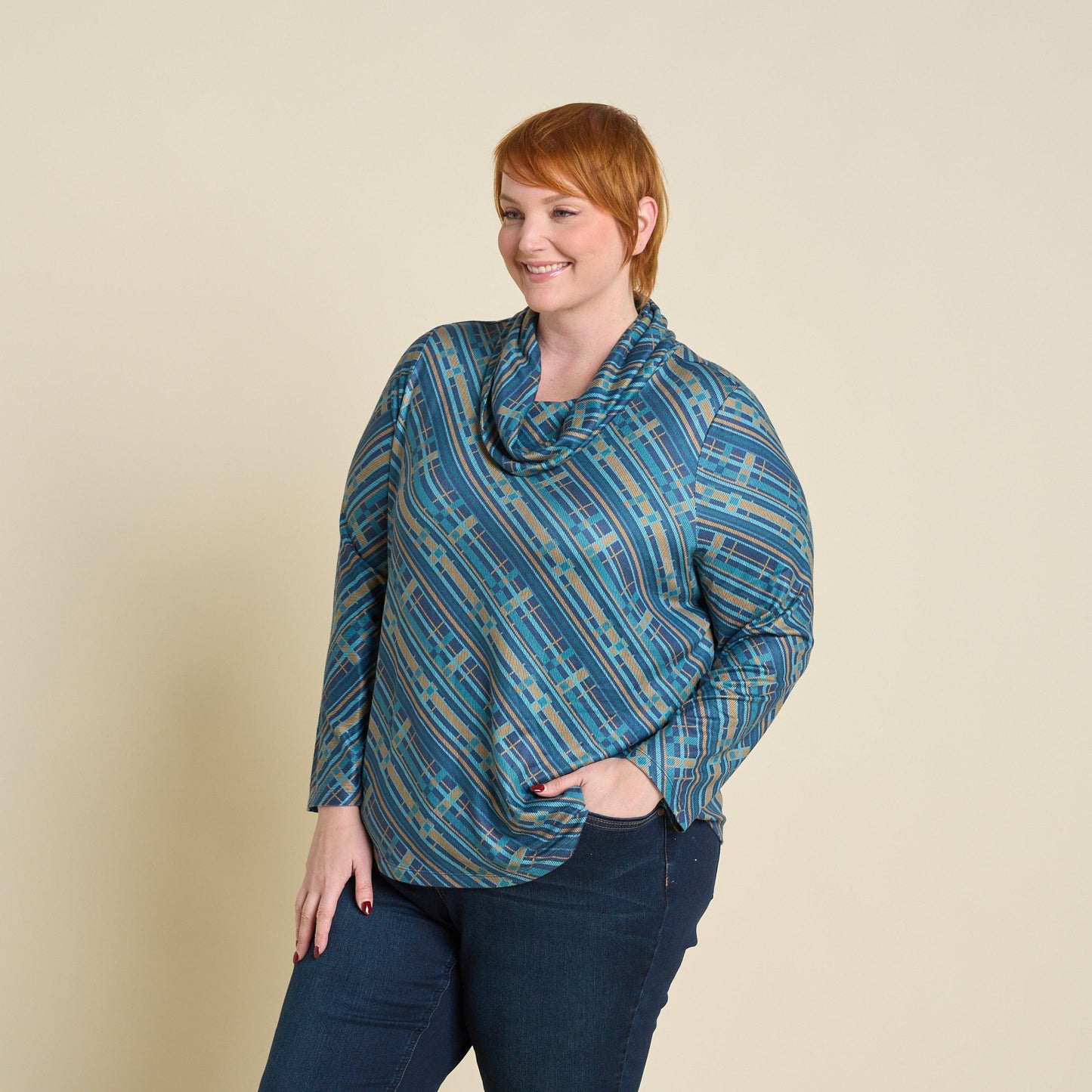 Christopher & Banks Relaxed Restyled Plaid Print Cowl Neck Tunic