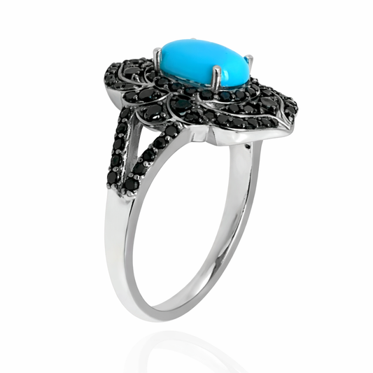 Sterling Silver 8x6mm Sleeping Beauty Turq & Black Spinel Pave Ring