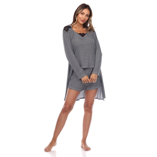 White Mark Women's 3-Piece Striped Pajama & Robe Set