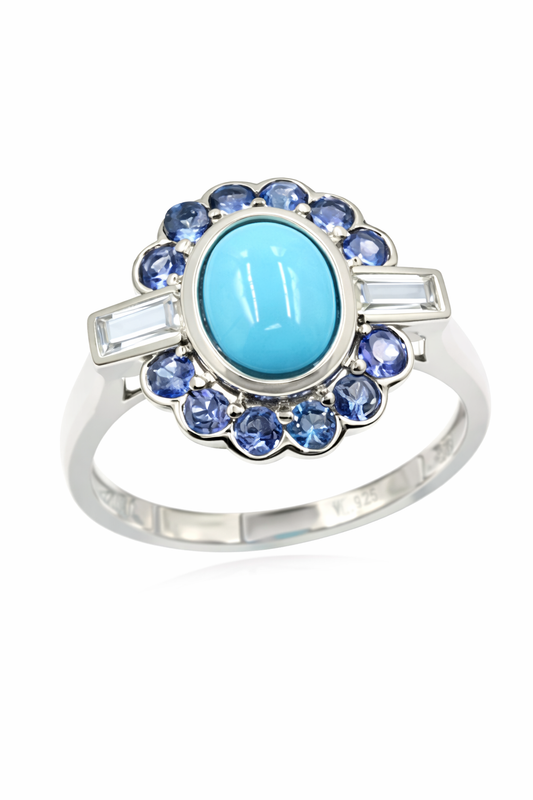 Sterling Silver 9x7mm Sleeping Beauty Turq & Ceylon Sapphire Halo Ring