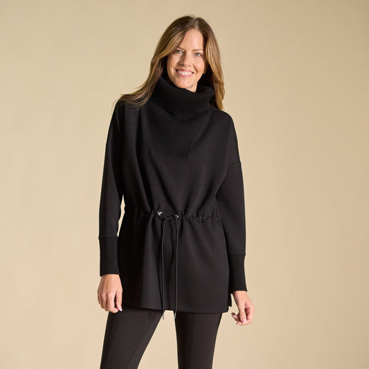 Christopher & Banks Relaxed Restyled Mix Media Tie Waist Cowl Neck Top