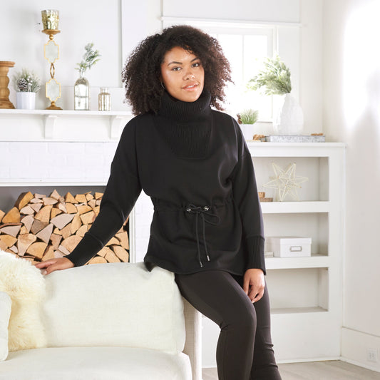 Christopher & Banks Relaxed Restyled Mix Media Tie Waist Cowl Neck Top