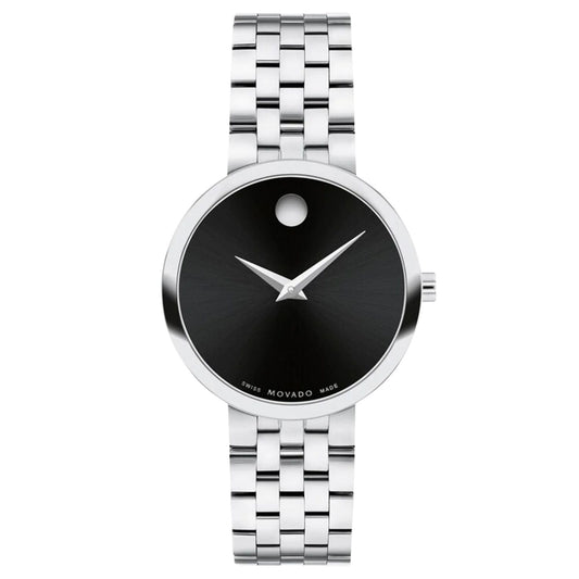 Movado Women's 30mm Museum Swiss Made Quartz Black Dial Silvertone Bracelet Watch