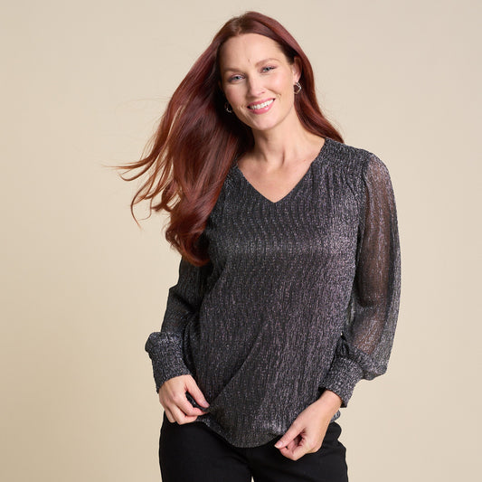 Christopher & Banks Bodre V Neck Shirred Sleeve Blouse