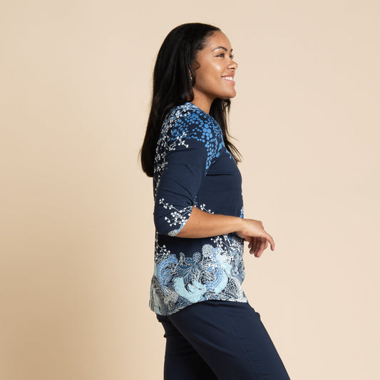 Christopher & Banks Women's Embellished Swirl Print Boat Neck ¾ Sleeve Tee