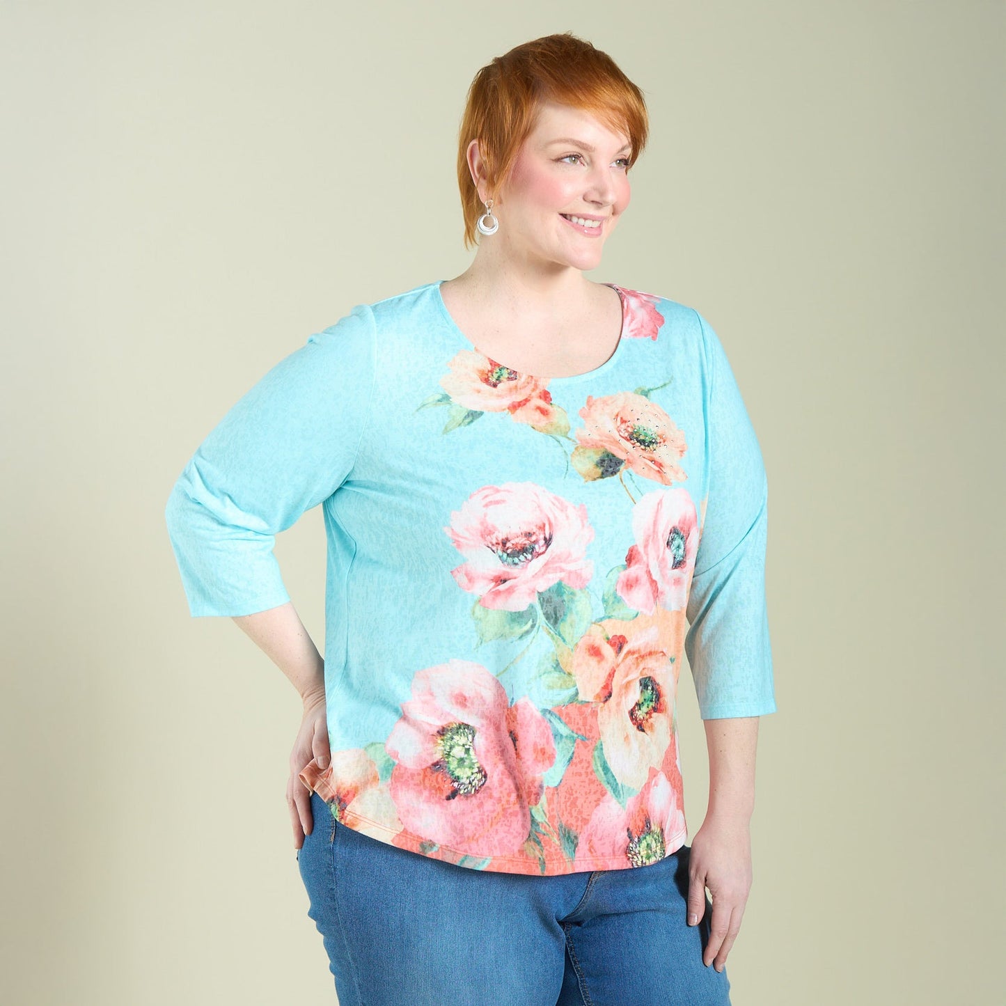 Christopher & Banks Women's Placed Floral Print Embellished Burnout Tee