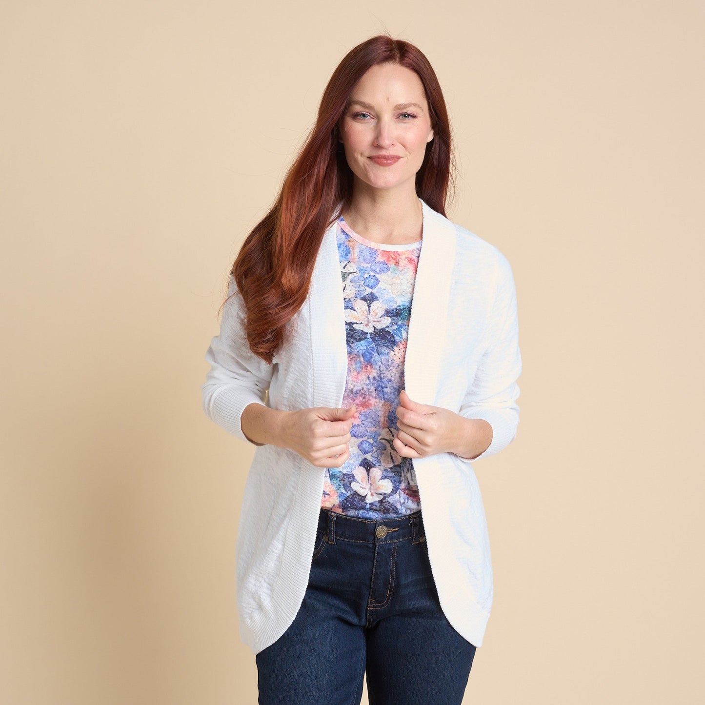 Christopher & Banks Women's Slub Knit Curved Hem Long Sleeve Cardigan