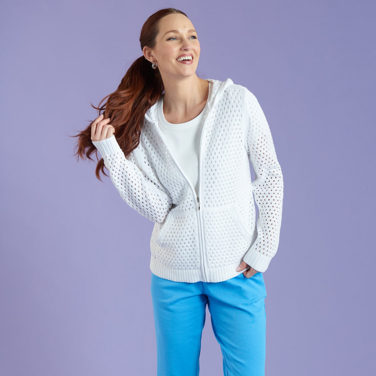 Christopher & Banks Women's Relaxed Restyled Mesh Stitch Zip Front Hoodie