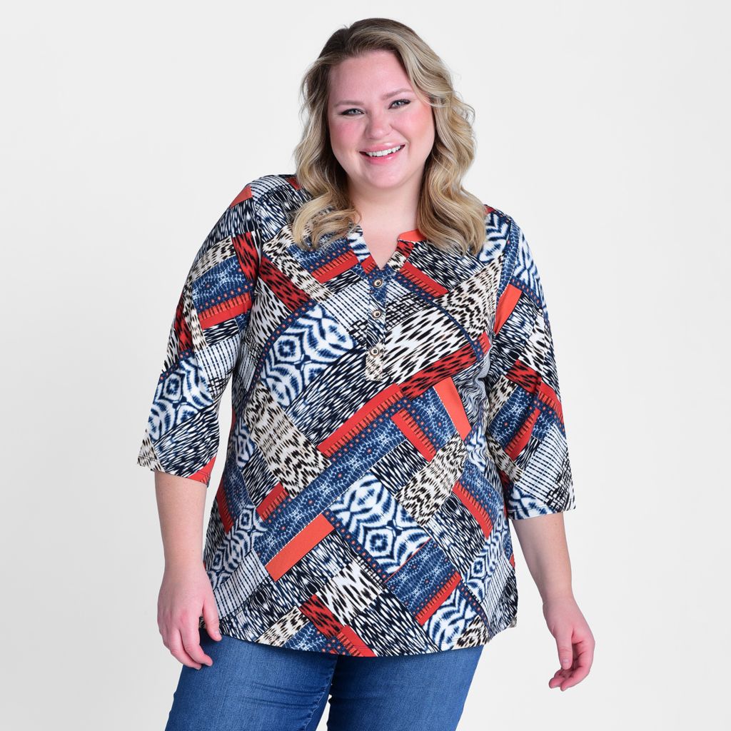 Christopher & Banks Patchwork Bell Sleeve Y Neck Tunic