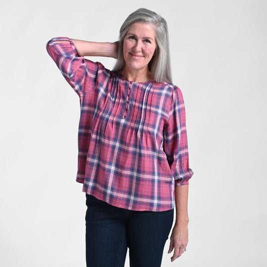 Christopher & Banks 3/4 Sleeve Pleated Front Plaid Blouse