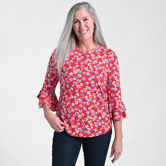 Christopher & Banks Printed Double Ruffle Sleeve Top