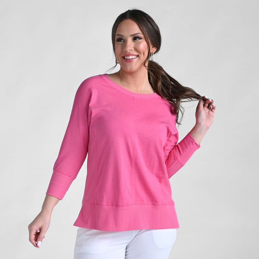 Christopher & Banks Relaxed Restyled Ribbed Detail Dolman 3/4 Sleeve Top