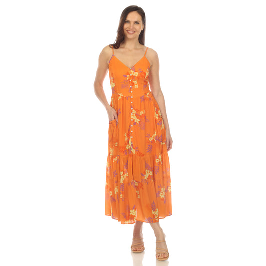 White Mark Women's V-Neck Floral Print Midi Dress