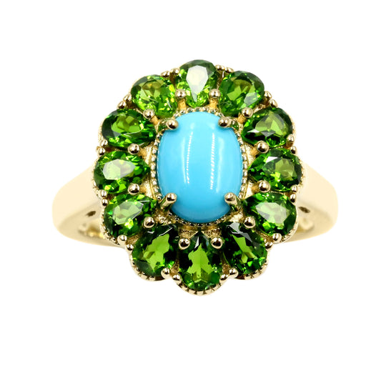 Gold Plated 8x6mm Sleeping Beauty Turquoise & Chrome Diopside Halo Ring