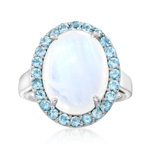 Pinctore Sterling Silver 16x12mm Rainbow Moonstone Halo Ring
