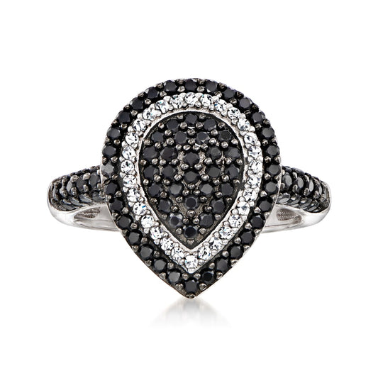 Pinctore Sterling Silver Black Spinel Pear-Shaped Cluster Ring