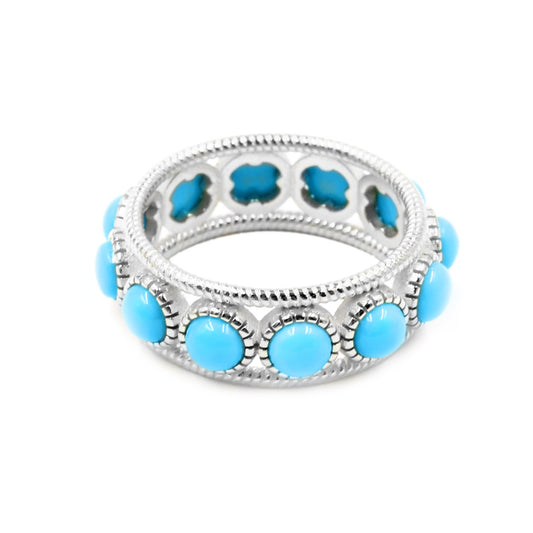 Sterling Silver 4mm Round Sleeping Beauty Turq Beaded Border Eternity Band Ring