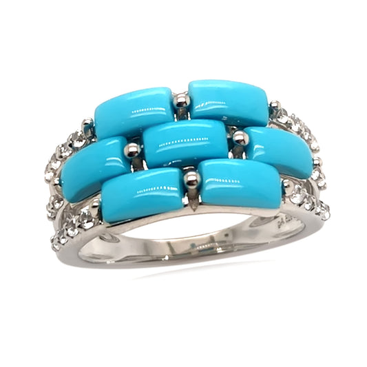 Sterling Silver Baguette Sleeping Beauty Turq & White Zircon Triple Row Ring
