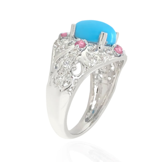 Sterling Silver 9x7mm Sleeping Beauty Turq & Exotic Gem Accent Filigree Ring