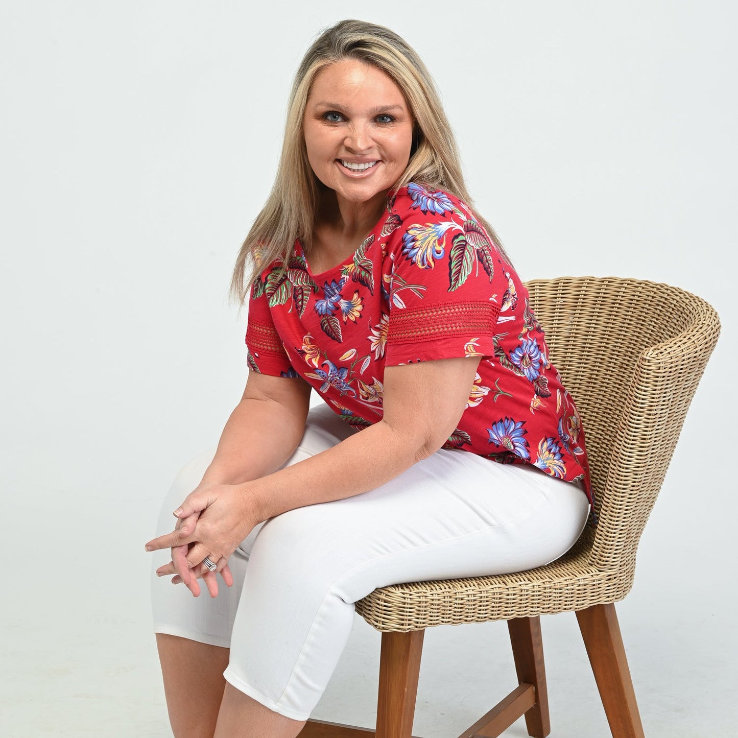 Christopher & Banks Floral Print Lace Inset Short Sleeve Tee