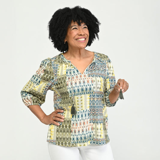 Christopher & Banks Printed Tie Neck 3/4 Sleeve Top