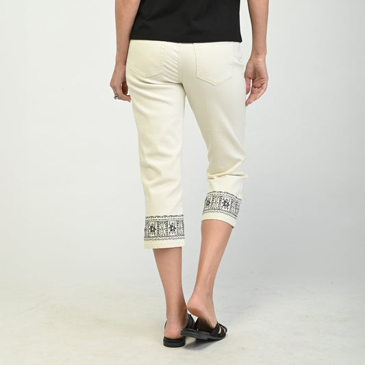 Christopher & Banks Embroidered Hem Relaxed Fit Denim Capri