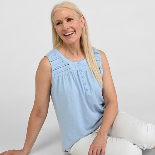 Christopher & Banks Pleated Yoke Y Neck Sleeveless Top