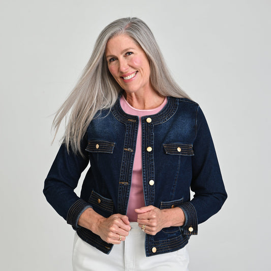 Christopher & Banks Button Front Collarless Denim Jacket