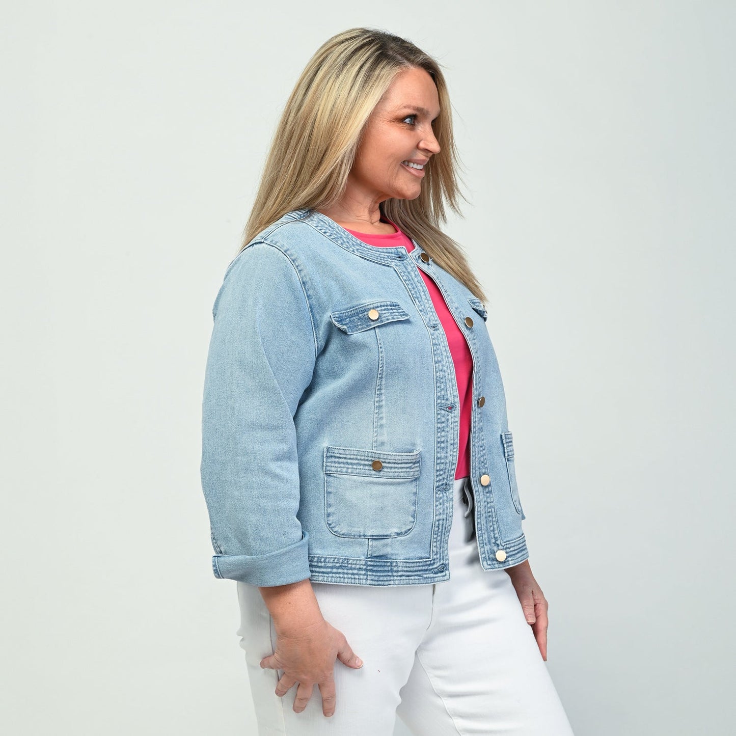 Christopher & Banks Button Front Collarless Denim Jacket