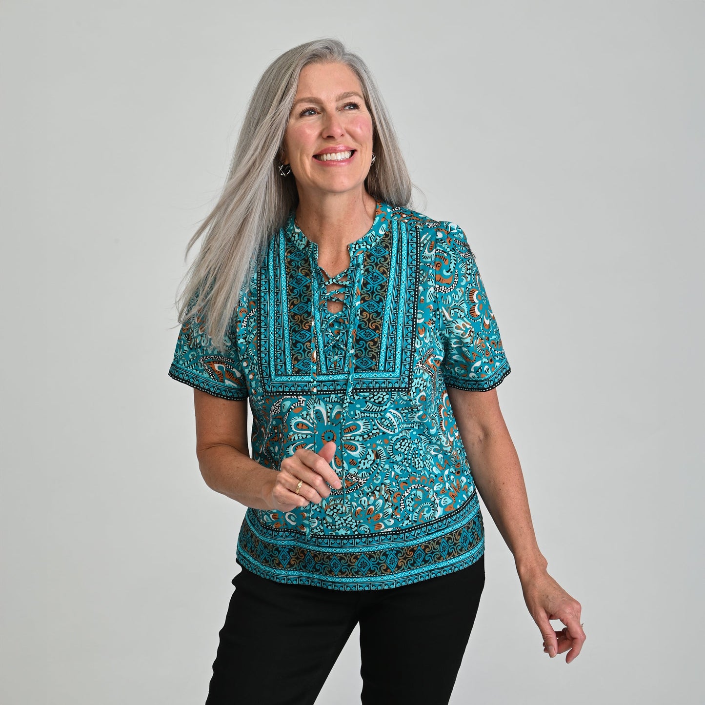 Christopher & Banks Border Print Split Neck Short Sleeve Blouse