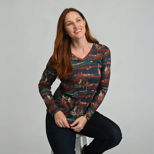 Christopher & Banks Scenic Print V Neck Long Sleeve Tee
