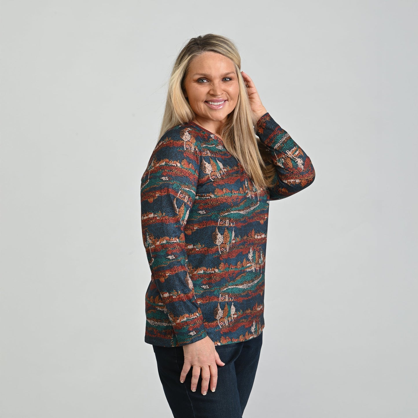 Christopher & Banks Scenic Print V Neck Long Sleeve Tee