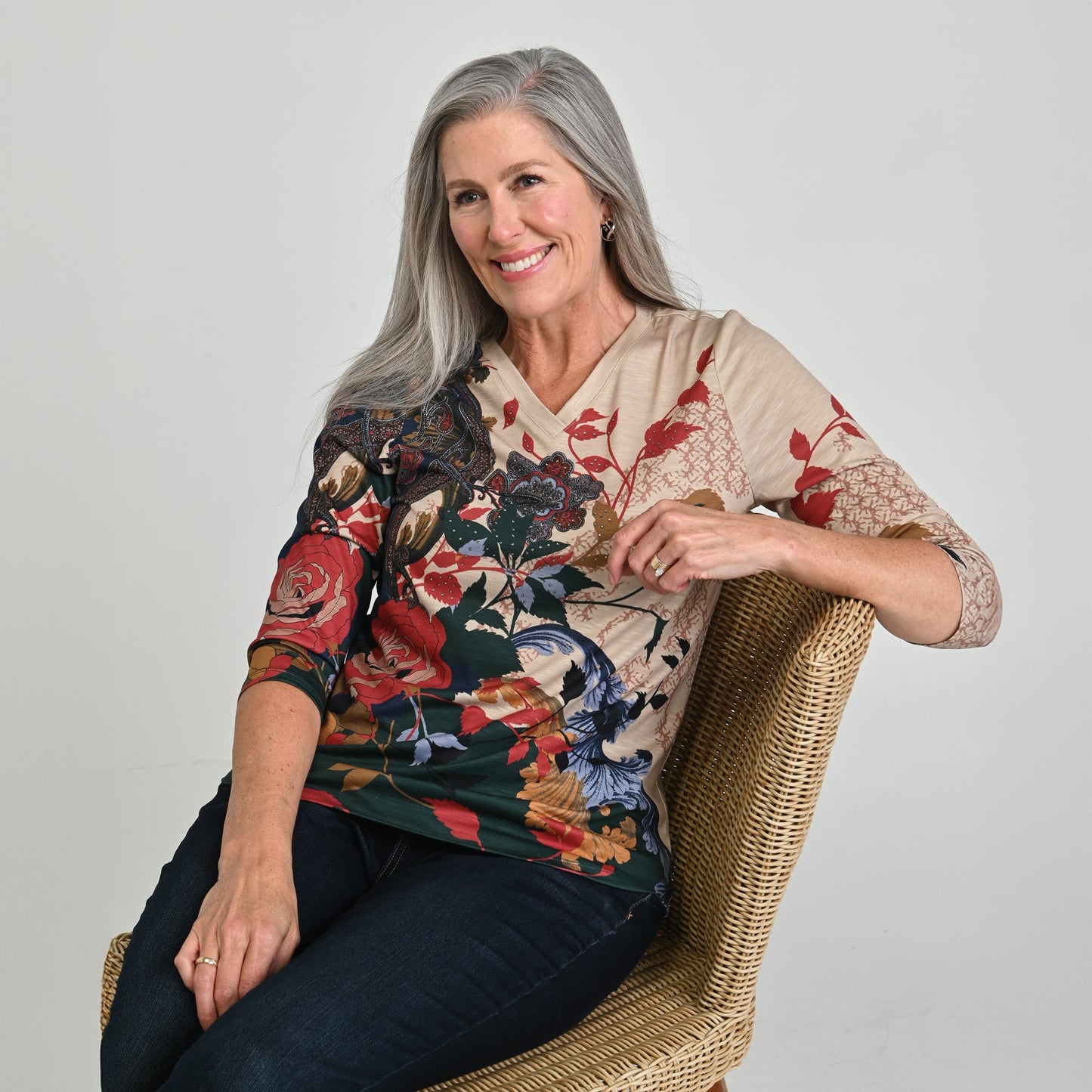 Christopher & Banks Printed 3/4 Sleeve V Neck Top