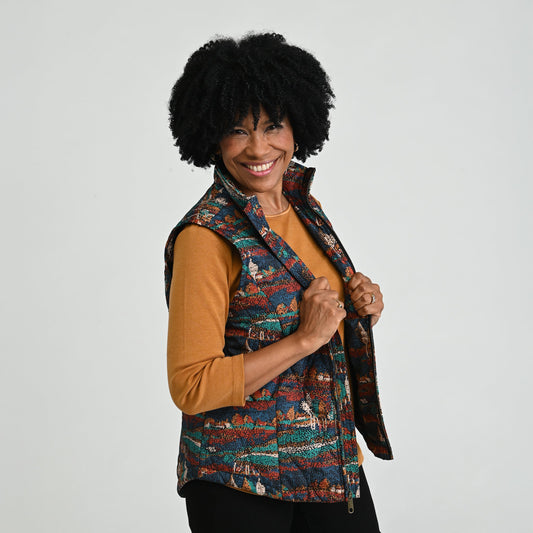Christopher & Banks Quilted Scenic Zip Front Printed Vest