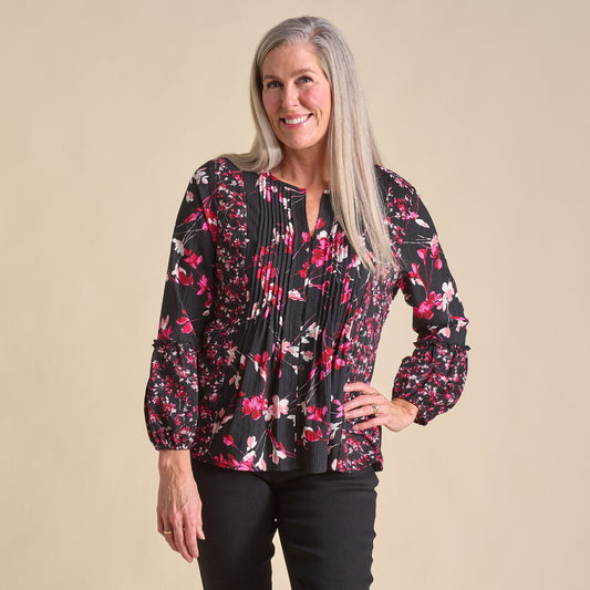 Christopher & Banks Botanical Floral Print Pleat Detail Long Sleeve Blouse