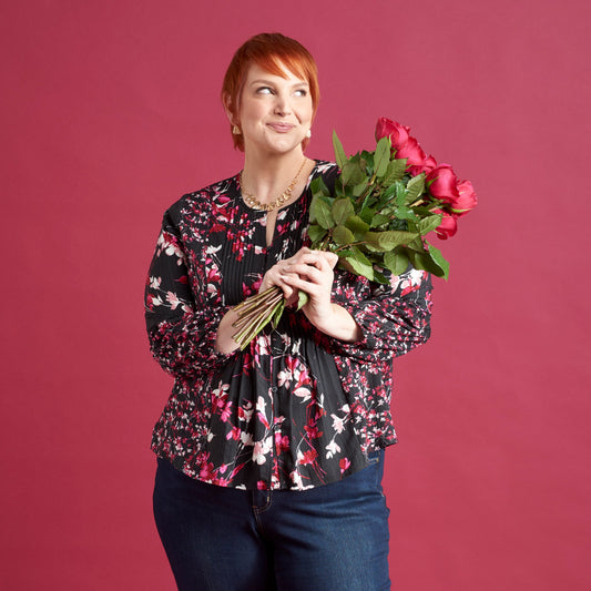 Christopher & Banks Botanical Floral Print Pleat Detail Long Sleeve Blouse