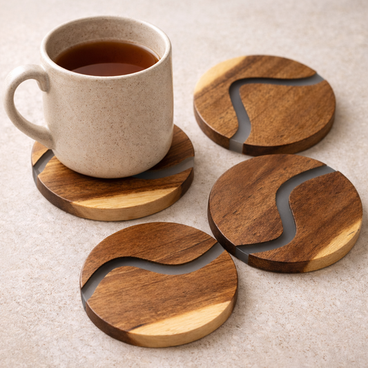 Busa Designs Ibiza Teak Wood & Resin 4-Piece Coaster Set